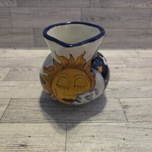 Talavera Hand Painted Sun Celestial Pitcher Ceramic Art Mexican Pottery 5” Blue